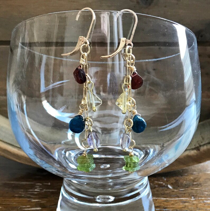 Gemstone Boho Dangle Earrings, Long Sundance Style Dangles, Hill Tribe Gold Garnet Citrine Amethyst Peridot Leverback Earrings image 6