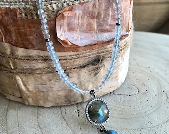 Gemstone Pendant Beaded Necklace, Labradorite Aquamarine Necklace, Sundance Style Necklace, Dainty Tiny Beads Necklace, Elegant Jewelry, N25