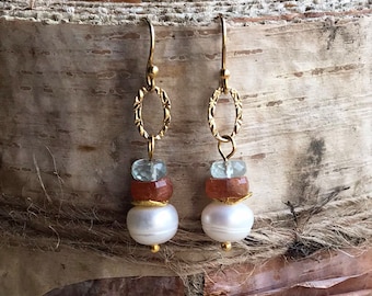 Pearl Aquamarine Sunstone Dangle Earrings, Sundance Style Gemstone Stack Earrings, Minimalist Gold Filled Earrings, Gold Boho Dangles, Gift