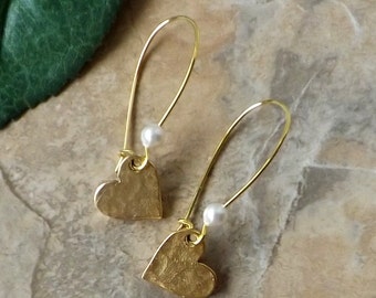 Gold Heart Earrings, Silver Heart Earrings, Gold or Silver Earrings, Minimalist Pearl Dangle Earrings, Long Dangles, Mothers Day Gift, E27