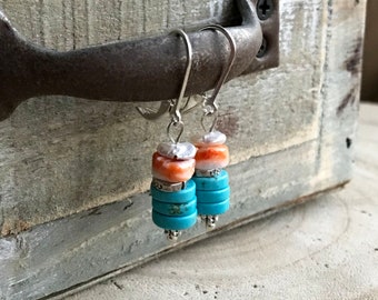 Turquoise Spiny Oyster Pearl Dangle Earrings, Southwestern Sterling Silver Stack Dangles, Sundance Style Hill Tribe Boho Leverbacks, E1