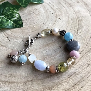 Multi Gemstone Pastel Boho Bracelet, Colorful Beaded Sundance Style Bracelet, Karen Hill Tribe Silver Labradorite Aquamarine Pearl, B81