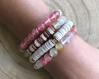 Pink Quartz Gold Stretch Bracelets, Beaded Sundance Style Bracelet Stack, Vinyl Disc Bracelets, Mix and Match Coordinated Set, Gift, B20