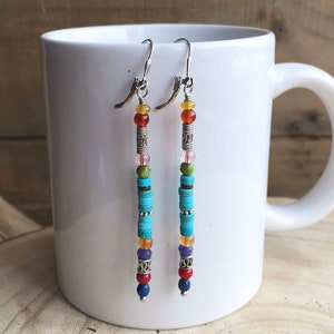 Long Turquoise Stick Dangle Earrings, Multi Gemstone Southwest Silver Leverback Earrings, Colorful Sundance Style Western Boho Dangles, E29 image 1