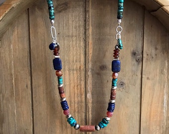 Multi Gemstone Necklace, Southwestern Turquoise Necklace, Silver Sundance Style Jewelry, Lapis, Carnelian, Navajo Pearls, Paper Clip Chain