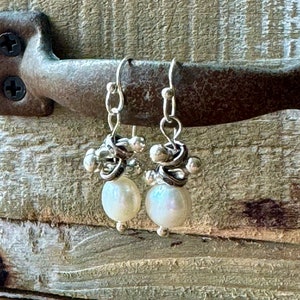 Pearl Silver Earrings, Pearl Dangle Earrings, Sundance Style Pearl Earrings, Karen Hill Tribe Silver Earrings, Pearl Silver Dangles, E36 image 3