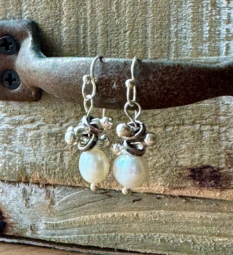 Pearl Silver Earrings, Pearl Dangle Earrings, Sundance Style Pearl Earrings, Karen Hill Tribe Silver Earrings, Pearl Silver Dangles, E36 image 3