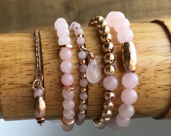 Rose Quartz Bracelet Stack, Dainty Rose Gold Bracelet Set, Minimalist Stretch Bracelets, Sundance Style, Coordinating Boho Jewely, B27