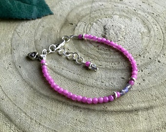 Hot Pink Gemstone Stacking Bracelet, Dainty Fuchsia Silver Bracelet, Lilac Beaded Minimalist Bracelet, Labradorite Thin Hill Tribe Braceletk