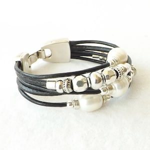 Black Leather Pearl Bracelet: Multi Strand Leather Cuff, Silver Boho Stacking Bracelet, Sundance Style Southwestern Jewelry, B54