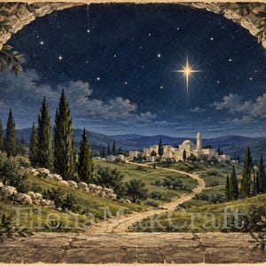 May include: A rectangular print featuring a stone archway framing a night landscape of a distant village under a starry sky with a prominent bright star. The text "Elena MakCraft" is visible in the lower centre of the scene.
