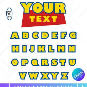 May include: A digital graphic featuring the text YOUR TEXT in yellow with a blue outline on a red trapezoid background, followed by the full alphabet in the same yellow and blue font style. Includes an oval label stating EASY TO EDIT.