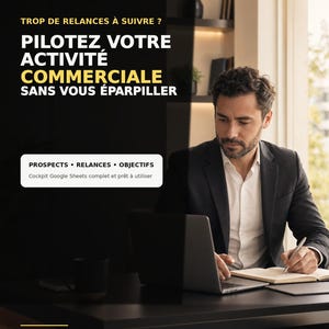 May include: A digital product advertisement for Nexora Pro featuring text in French. The graphic includes the phrases Trop de relances à suivre, Pilotez votre activité commerciale sans vous éparpiller, Prospects, Relances, Objectifs, and Cockpit Google Sheets complet et prêt à utiliser.
