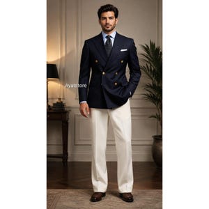 Navy Double Breasted Blazer, Tailored Peak Lapel, Gold Buttons, Formal Menswear