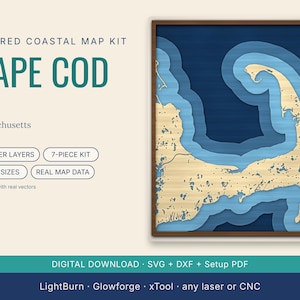 Cape Cod Layered Coastal Map, 7-Piece Laser Cut Kit SVG DXF, 3 Sizes