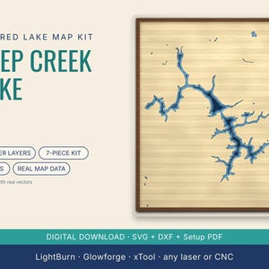 Gelaagde kaart van Deep Creek Lake, 7-delige lasergesneden set (SVG, DXF), 2 formaten