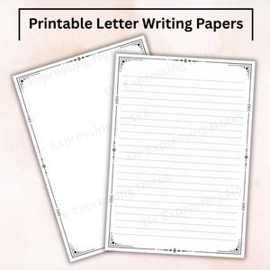 May include: Two sheets of white printable letter writing paper with black borders featuring geometric patterns and corner accents. One sheet is blank, and the other contains horizontal lines for writing. The text "Printable Letter Writing Papers" appears at the top.
