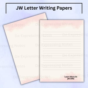 May include: Two sheets of stationery with a soft pink watercolor wash at the top and bottom. One sheet is blank, and the other features horizontal lines. The text JW Letter Writing Papers appears at the top, and Learn More At JW.ORG is at the bottom.