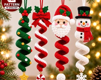 Christmas Spiral Ornament Crochet Pattern PDF | Santa Snowman Candy Cane Tree Amigurumi | Intermediate | Set of 4, 14-16 In