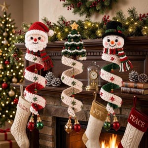 May include: Three crochet hanging decorations featuring a Santa Claus, a Christmas tree, and a snowman, each with a long, spiraling white and red or green ribbon tail ending in two shiny metallic ornaments, suspended above four knit stockings.
