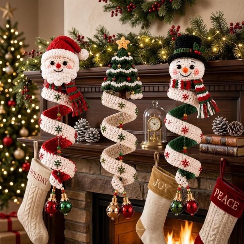 May include: Three crochet hanging decorations featuring a Santa Claus, a Christmas tree, and a snowman, each with a long, spiraling white and red or green ribbon tail ending in two shiny metallic ornaments, suspended above four knit stockings.