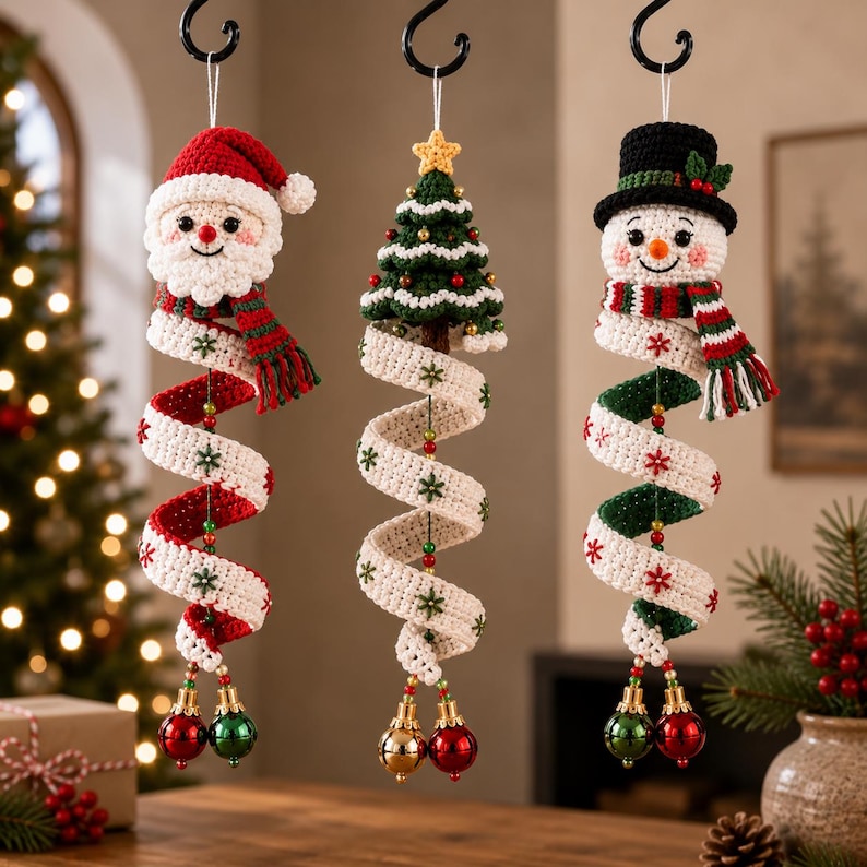 May include: Three hanging crochet ornaments featuring a Santa Claus, a Christmas tree, and a snowman. Each figure has a long, spiraling white tail decorated with small embroidered snowflakes, accented with colorful beads and two small jingle bells.