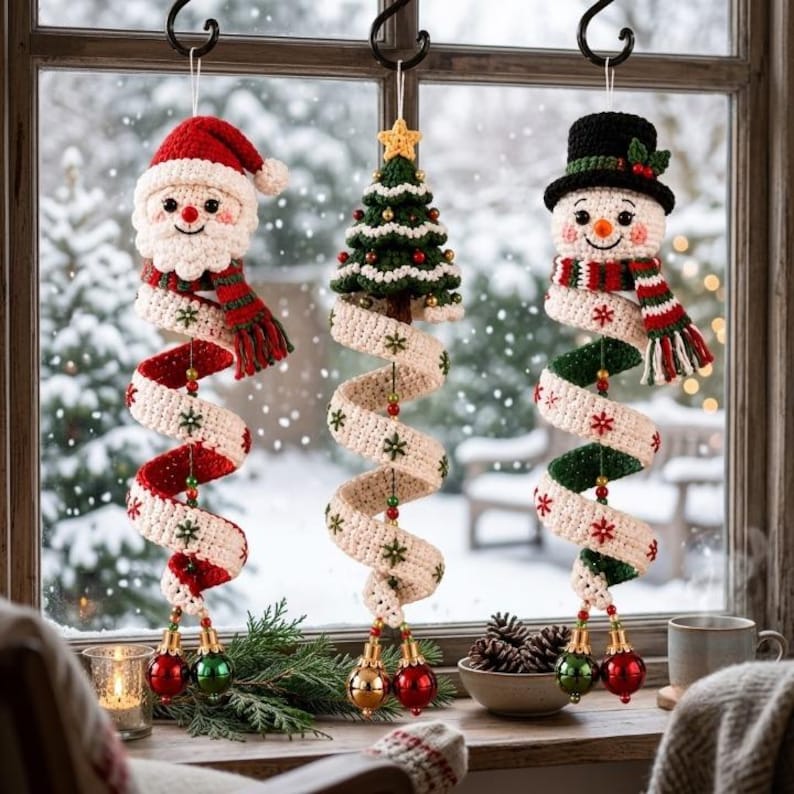 May include: Three hanging crochet ornaments featuring a Santa Claus, a Christmas tree, and a snowman. Each figure has a long, spiraling tail made of cream-colored yarn with red and green snowflake accents, ending in two small, shiny spherical bells.