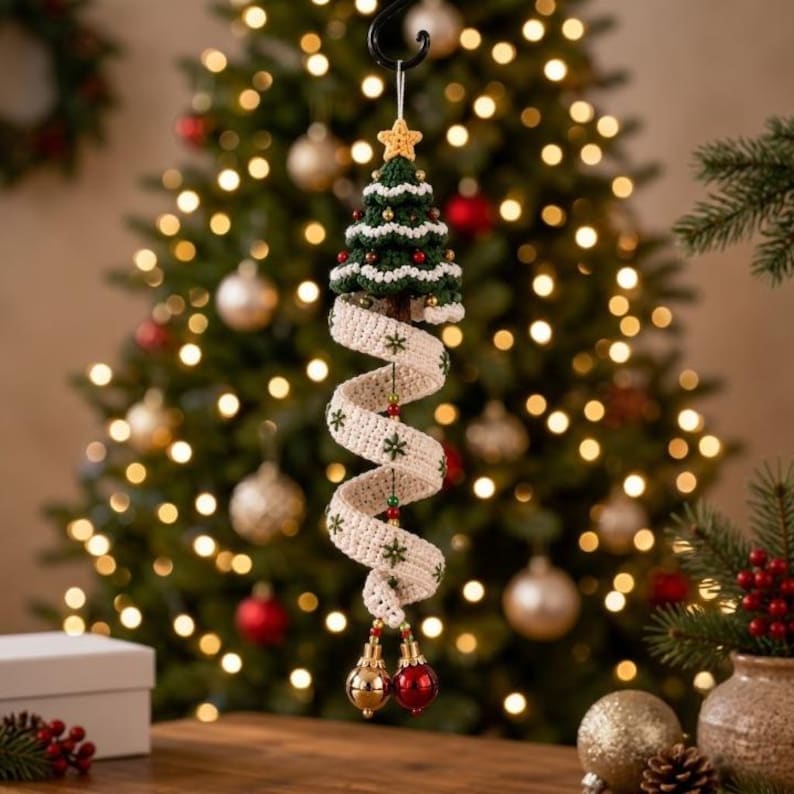 May include: A crocheted Christmas tree ornament featuring a dark green tree with white trim and a yellow star topper. A long, spiraling cream-colored ribbon with embroidered green snowflakes hangs below, accented by small beads and two shiny round bells.