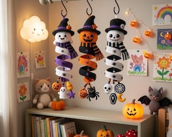 Halloween Spiral Ornament Crochet Pattern PDF | Ghost Witch Pumpkin & Skeleton Amigurumi | Intermediate | 18-20 Inch Hanging Garland