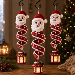 Può includere: Tre decorazioni natalizie all'uncinetto a forma di Babbo Natale, ognuna con un volto sorridente, barba bianca e cappello rosso, collegate a un nastro a spirale rosso e bianco con piccole perline bianche, terminanti con una lanterna in miniatura.