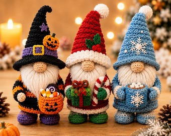 Virkmönster för säsongsbetonade trio-tomtar i PDF-format | Halloween, jul, vinter, kakao, amigurumi | Medelnivå | 13,5-15 cm färdig storlek