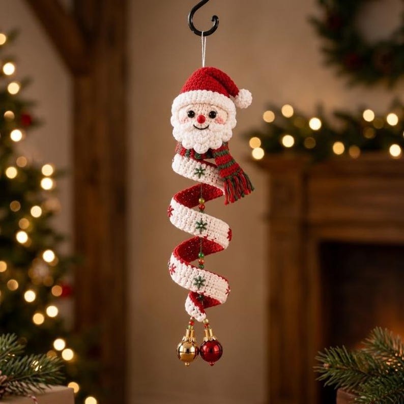 May include: A crocheted Santa Claus ornament featuring a spiral body design in red and white yarn. The Santa head wears a red hat and a striped scarf. The spiral body is decorated with small green snowflake accents and ends with two shiny jingle bells.