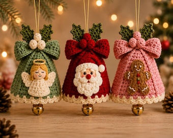 Virkade klockor PDF-mönster | Julklappsfickor, Ängeltomtenpepparkaka | Medel | 7–8 tums trio