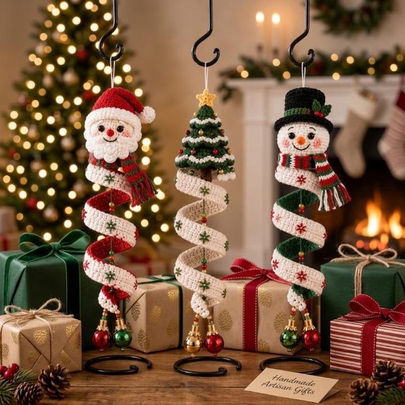 May include: Three crochet Christmas ornaments hanging from black metal stands. The ornaments feature a Santa Claus, a green Christmas tree, and a snowman, each with a spiraling white and green ribbon base decorated with small red and green snowflakes.