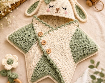 Baby Bunting Crochet Pattern PDF | Bunny Star Hooded Cocoon Wrap | Newborn Photo Prop | Advanced Beginner | 0-6 Months