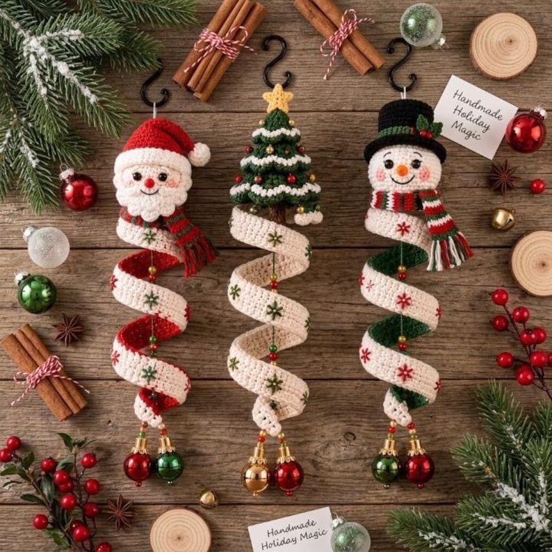 May include: Three crocheted hanging ornaments featuring a Santa Claus, a Christmas tree, and a snowman. Each figure is attached to a long, spiraling white ribbon decorated with small embroidered snowflakes, ending with two small metallic jingle bells.