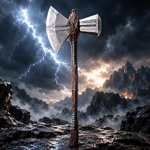 May include: A double-headed battle axe featuring a metallic silver blade with geometric detailing and a textured, dark brown wooden handle wrapped with dark metal bands at the grip and near the head, standing upright against a stormy sky.