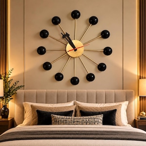 Atomic Ball Wall Clock | Mid Century Modern Wood Clock | Retro Starburst Home Decor | Vintage Statement Wall Art