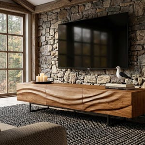 May include: A long, rectangular wooden media console featuring three cabinet doors with a horizontal, wavy, carved texture. The console is supported by a thin black metal frame and holds three pillar candles and a seagull figurine on top.