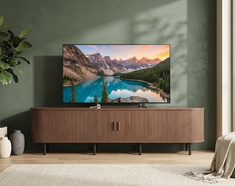 Modern Media Console with Power Outlet, Sliding Doors, Wood Storage Cabinet