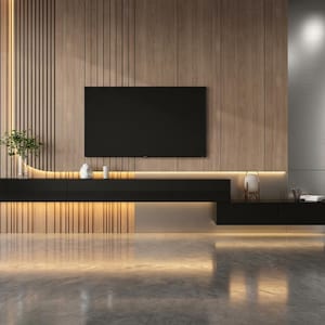 May include: A wall-mounted black media console with a sleek, horizontal design positioned beneath a flat-screen television. The unit is set against a vertical wood-slatted wall panel with integrated warm LED lighting that illuminates the console.