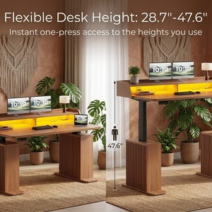 May include: A wooden standing desk with a built-in shelf, yellow LED lighting, and slatted side panels. The desk features adjustable height settings ranging from 28.7 inches to 47.6 inches, as indicated by the text Flexible Desk Height: 28.7"-47.6".