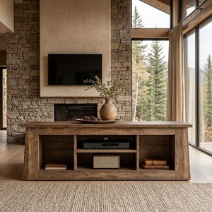 May include: A rectangular wooden media console featuring a natural brown finish with three open storage compartments. The center shelf holds a black electronic device and a rectangular speaker, while the side shelves contain stacked books.