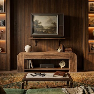 May include: A vintage television set mounted above a wooden media console with open shelving. The room features dark wood paneling, built-in shelves with warm lighting, a marble-topped coffee table, and a patterned rug on the floor.