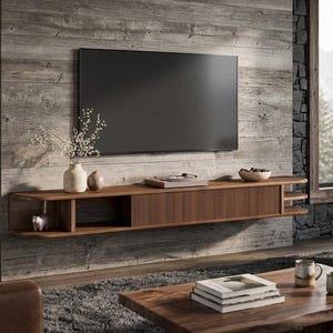 May include: A wall-mounted floating media console crafted from dark wood, featuring a central cabinet with vertical slatted doors, open side shelving, and rounded edges. The console is positioned beneath a flat-screen television on a wood-paneled wall.