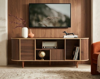 Fluted TV Stand 63 Inch, Modern Entertainment Center for 80 Inch TV, Wood Media Console with Faux Marble Top, Storage Cabinet, Natural Oak