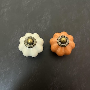 May include: Two pumpkin-shaped cabinet knobs, one in a glossy off-white and the other in a glossy orange finish. Each knob features a central circular antique brass-toned metal accent with a raised dome and a decorative ridged edge.