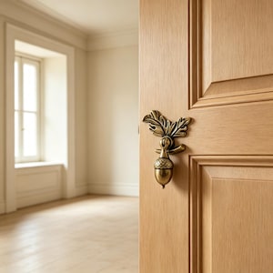 Può includere: Un battente per porta in ottone a forma di ghianda con foglie di quercia fissato su una porta in legno chiaro. La ferramenta in metallo presenta una calotta della ghianda testurizzata e una finitura liscia, montata su una porta a pannelli.