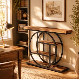 May include: A console table featuring a rectangular wooden top and a base constructed from two large black metal circles. The unit includes two interior wooden shelves supported by a black metal frame, resting on a flat rectangular wooden base.