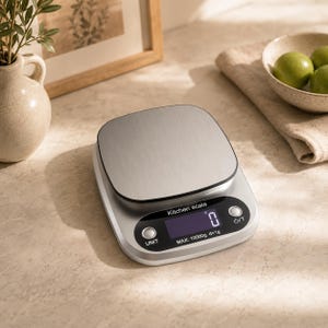 Op de afbeelding: Een zilverkleurige digitale keukenweegschaal met een vierkant weegplateau van geborsteld metaal en een zwart display. Het scherm toont de tekst Kitchen scale, MAX: 10000g d=1g en een digitale nul. Het heeft twee ronde zilveren knoppen UNIT en aan/uit.